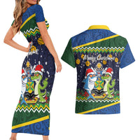 Funny Crocodile and Shark Solomon Islands Christmas Couples Matching Short Sleeve Bodycon Dress and Hawaiian Shirt with National Seal Melanesian Pattern LT03 - Polynesian Pride