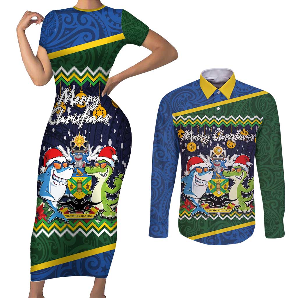 Funny Crocodile and Shark Solomon Islands Christmas Couples Matching Short Sleeve Bodycon Dress and Long Sleeve Button Shirt with National Seal Melanesian Pattern LT03 Blue - Polynesian Pride