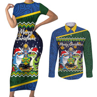 Funny Crocodile and Shark Solomon Islands Christmas Couples Matching Short Sleeve Bodycon Dress and Long Sleeve Button Shirt with National Seal Melanesian Pattern LT03 Blue - Polynesian Pride