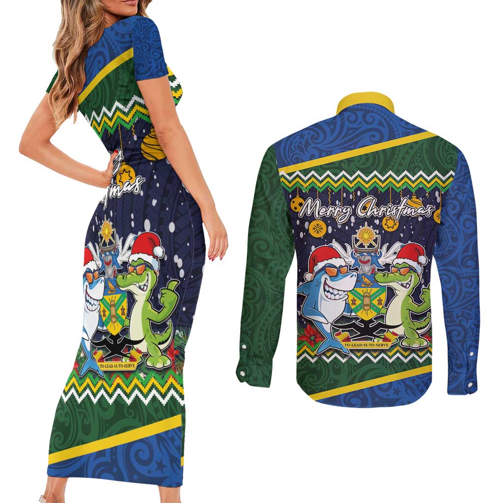 Funny Crocodile and Shark Solomon Islands Christmas Couples Matching Short Sleeve Bodycon Dress and Long Sleeve Button Shirt with National Seal Melanesian Pattern LT03 - Polynesian Pride