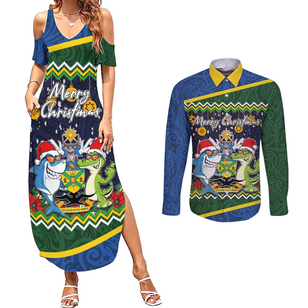 Funny Crocodile and Shark Solomon Islands Christmas Couples Matching Summer Maxi Dress and Long Sleeve Button Shirt with National Seal Melanesian Pattern LT03 Blue - Polynesian Pride