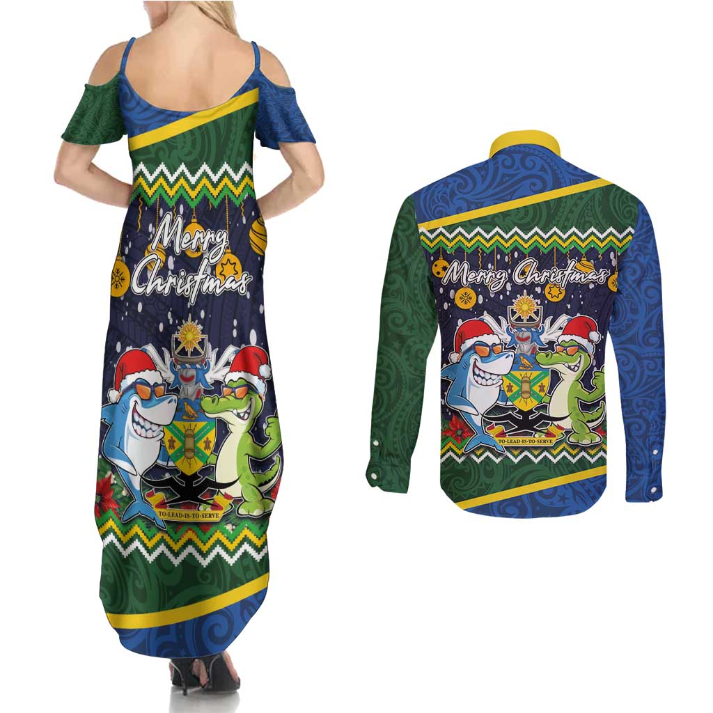 Funny Crocodile and Shark Solomon Islands Christmas Couples Matching Summer Maxi Dress and Long Sleeve Button Shirt with National Seal Melanesian Pattern LT03 - Polynesian Pride