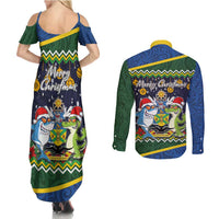 Funny Crocodile and Shark Solomon Islands Christmas Couples Matching Summer Maxi Dress and Long Sleeve Button Shirt with National Seal Melanesian Pattern LT03 - Polynesian Pride
