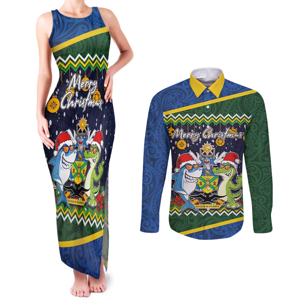 Funny Crocodile and Shark Solomon Islands Christmas Couples Matching Tank Maxi Dress and Long Sleeve Button Shirt with National Seal Melanesian Pattern LT03 Blue - Polynesian Pride