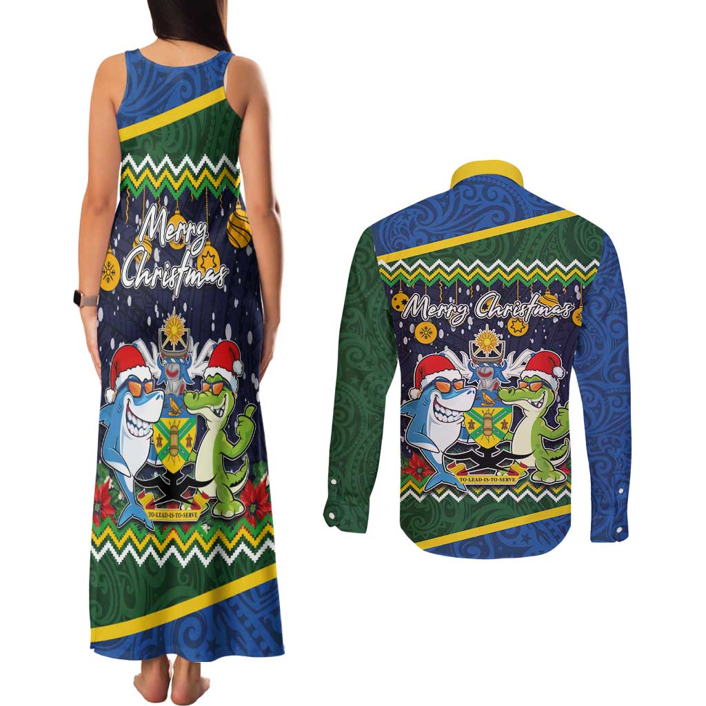 Funny Crocodile and Shark Solomon Islands Christmas Couples Matching Tank Maxi Dress and Long Sleeve Button Shirt with National Seal Melanesian Pattern LT03 - Polynesian Pride