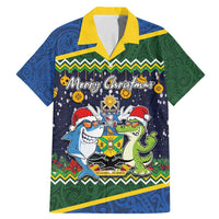 Funny Crocodile and Shark Solomon Islands Christmas Family Matching Mermaid Dress and Hawaiian Shirt with National Seal Melanesian Pattern LT03 Dad's Shirt - Short Sleeve Blue - Polynesian Pride