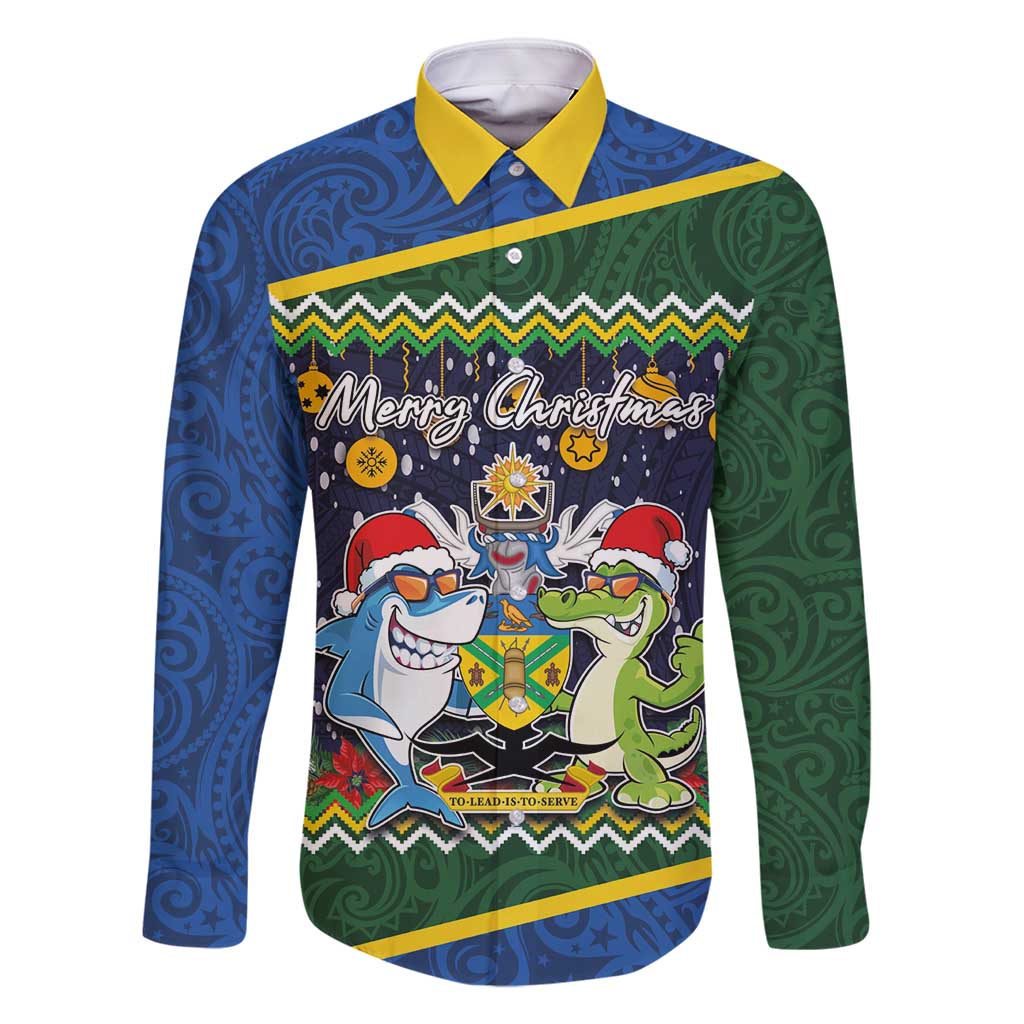 Funny Crocodile and Shark Solomon Islands Christmas Family Matching Mermaid Dress and Hawaiian Shirt with National Seal Melanesian Pattern LT03 Dad's Shirt - Long Sleeve Blue - Polynesian Pride