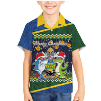 Funny Crocodile and Shark Solomon Islands Christmas Family Matching Mermaid Dress and Hawaiian Shirt with National Seal Melanesian Pattern LT03 Son's Shirt Blue - Polynesian Pride