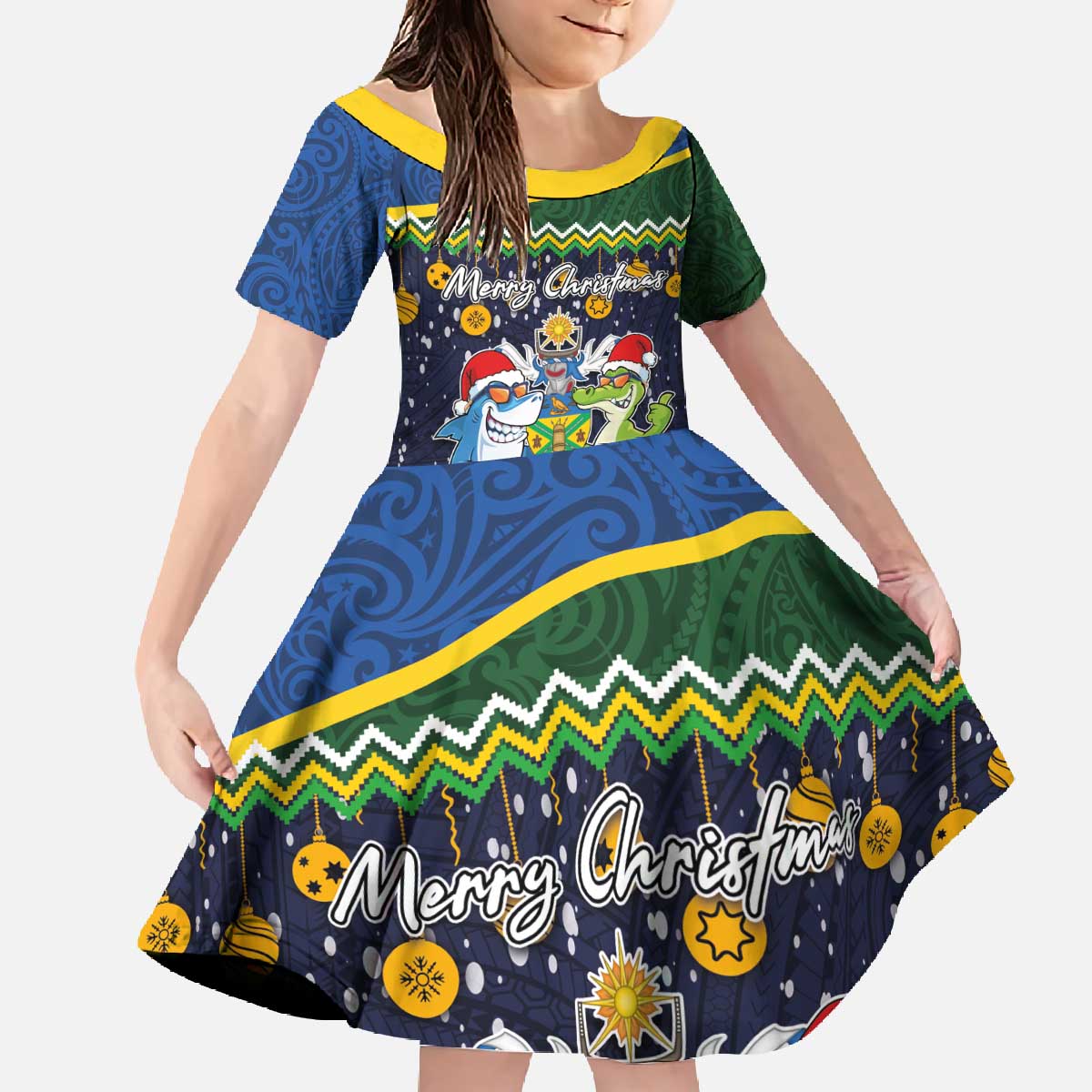 Funny Crocodile and Shark Solomon Islands Christmas Family Matching Off The Shoulder Long Sleeve Dress and Hawaiian Shirt with National Seal Melanesian Pattern LT03 Daughter's Dress Blue - Polynesian Pride