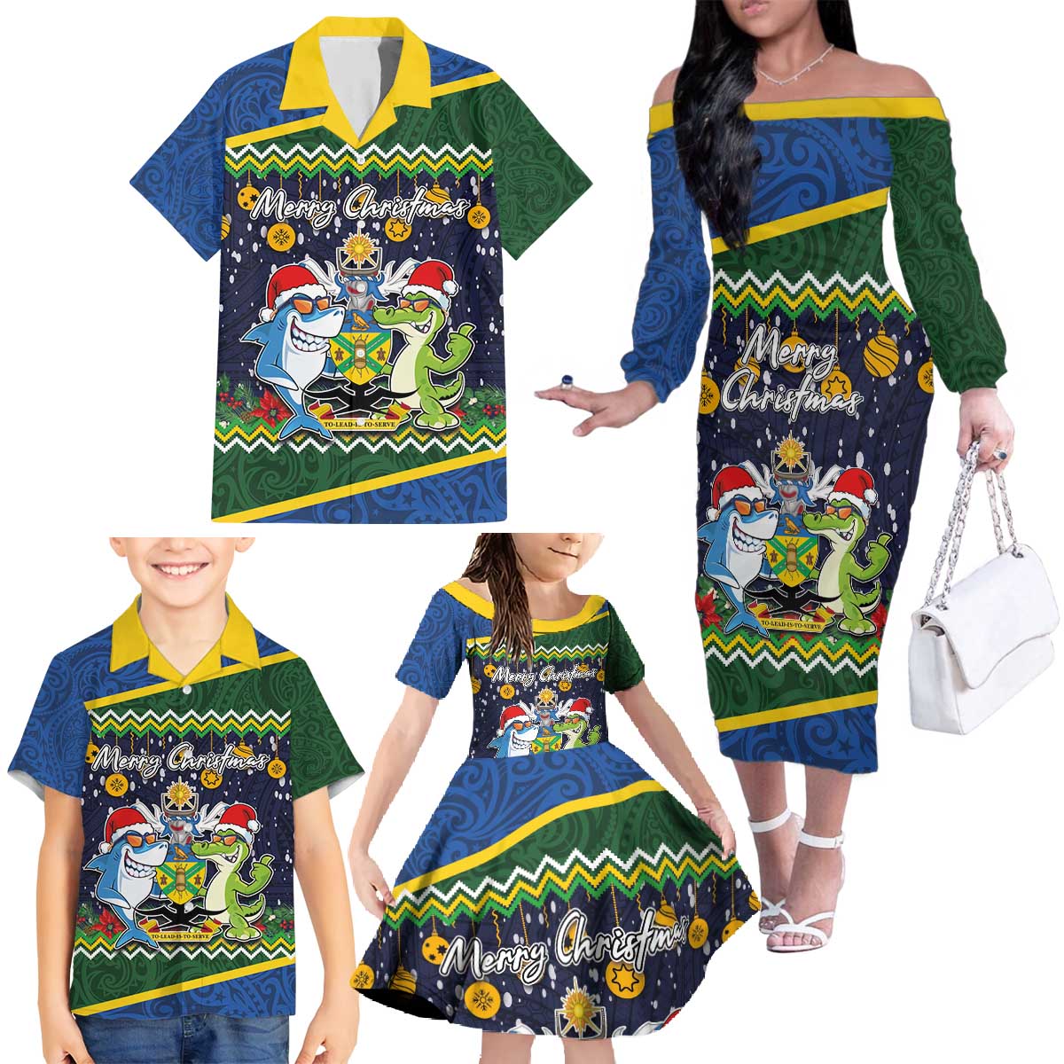 Funny Crocodile and Shark Solomon Islands Christmas Family Matching Off The Shoulder Long Sleeve Dress and Hawaiian Shirt with National Seal Melanesian Pattern LT03 - Polynesian Pride