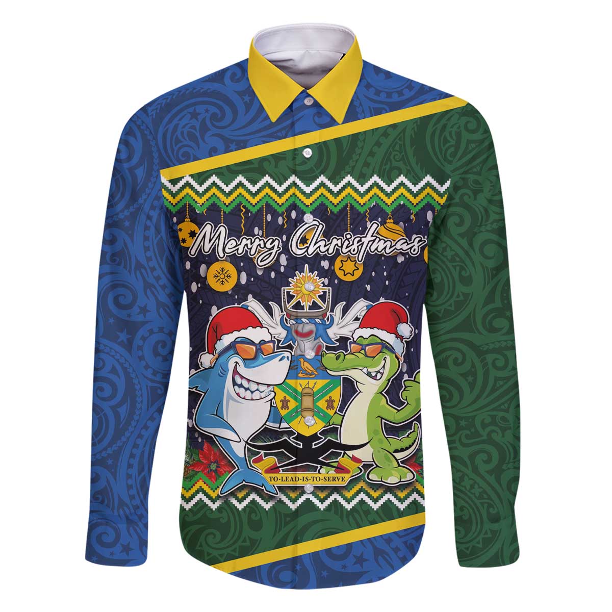 Funny Crocodile and Shark Solomon Islands Christmas Family Matching Off The Shoulder Long Sleeve Dress and Hawaiian Shirt with National Seal Melanesian Pattern LT03 Dad's Shirt - Long Sleeve Blue - Polynesian Pride