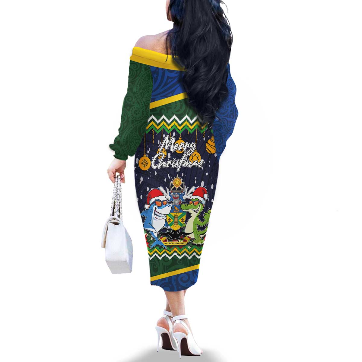 Funny Crocodile and Shark Solomon Islands Christmas Family Matching Off The Shoulder Long Sleeve Dress and Hawaiian Shirt with National Seal Melanesian Pattern LT03 - Polynesian Pride