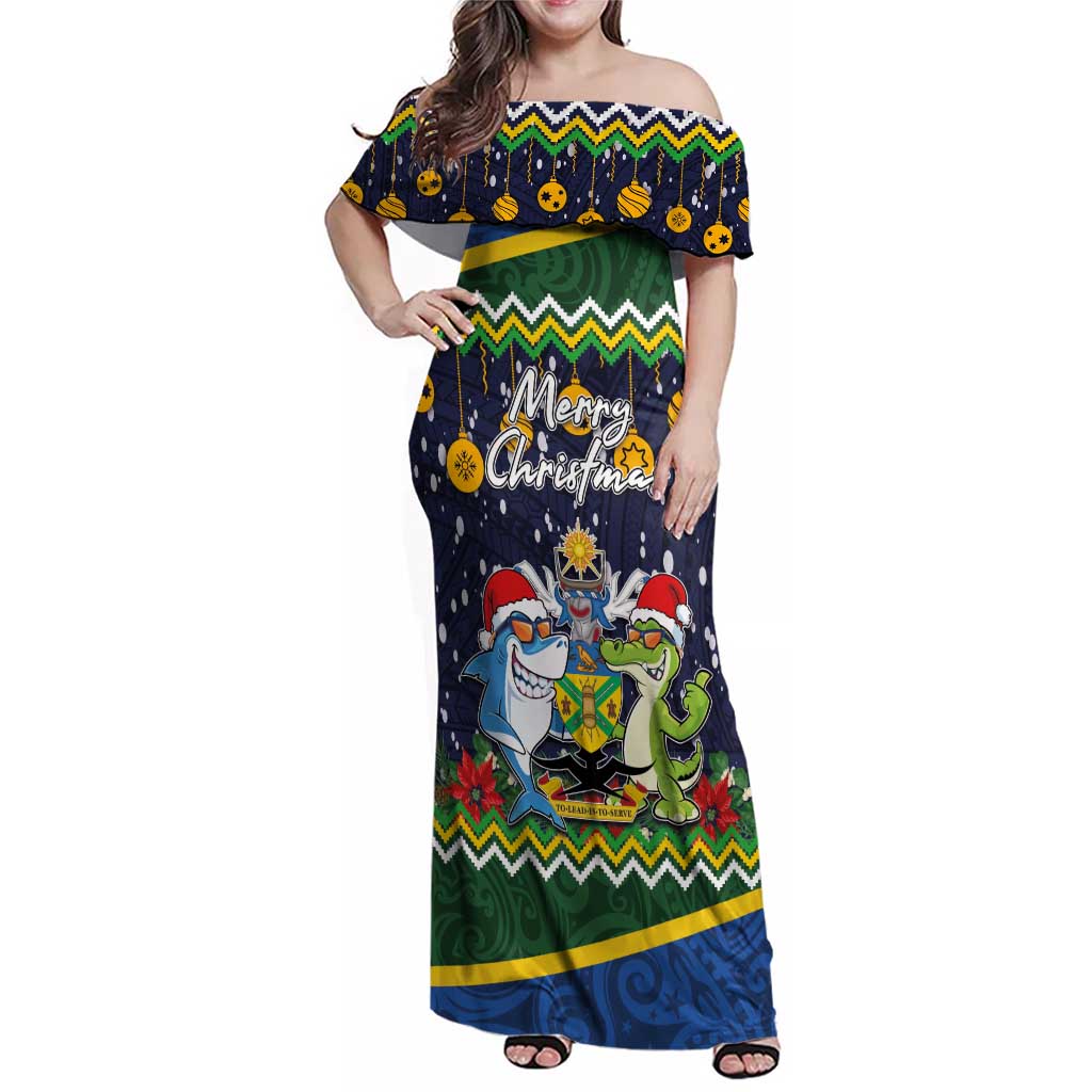 Funny Crocodile and Shark Solomon Islands Christmas Family Matching Off Shoulder Maxi Dress and Hawaiian Shirt with National Seal Melanesian Pattern LT03 Mom's Dress Blue - Polynesian Pride