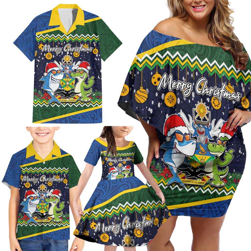 Funny Crocodile and Shark Solomon Islands Christmas Family Matching Off Shoulder Short Dress and Hawaiian Shirt with National Seal Melanesian Pattern LT03 - Polynesian Pride