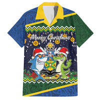 Funny Crocodile and Shark Solomon Islands Christmas Family Matching Off Shoulder Short Dress and Hawaiian Shirt with National Seal Melanesian Pattern LT03 Dad's Shirt - Short Sleeve Blue - Polynesian Pride