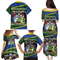 Funny Crocodile and Shark Solomon Islands Christmas Family Matching Puletasi and Hawaiian Shirt with National Seal Melanesian Pattern LT03 - Polynesian Pride