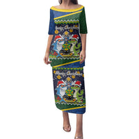 Funny Crocodile and Shark Solomon Islands Christmas Family Matching Puletasi and Hawaiian Shirt with National Seal Melanesian Pattern LT03 Mom's Dress Blue - Polynesian Pride