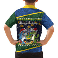 Funny Crocodile and Shark Solomon Islands Christmas Family Matching Short Sleeve Bodycon Dress and Hawaiian Shirt with National Seal Melanesian Pattern LT03 - Polynesian Pride