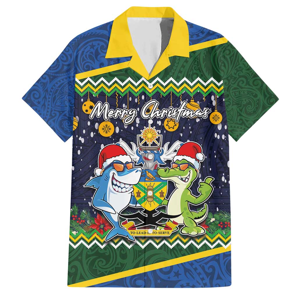 Funny Crocodile and Shark Solomon Islands Christmas Family Matching Short Sleeve Bodycon Dress and Hawaiian Shirt with National Seal Melanesian Pattern LT03 Dad's Shirt - Short Sleeve Blue - Polynesian Pride