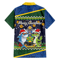 Funny Crocodile and Shark Solomon Islands Christmas Family Matching Short Sleeve Bodycon Dress and Hawaiian Shirt with National Seal Melanesian Pattern LT03 - Polynesian Pride