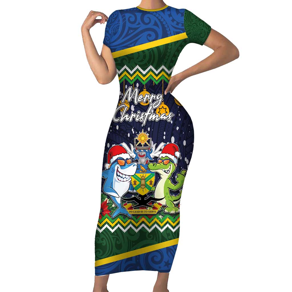 Funny Crocodile and Shark Solomon Islands Christmas Family Matching Short Sleeve Bodycon Dress and Hawaiian Shirt with National Seal Melanesian Pattern LT03 Mom's Dress Blue - Polynesian Pride