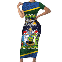 Funny Crocodile and Shark Solomon Islands Christmas Family Matching Short Sleeve Bodycon Dress and Hawaiian Shirt with National Seal Melanesian Pattern LT03 Mom's Dress Blue - Polynesian Pride