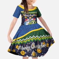 Funny Crocodile and Shark Solomon Islands Christmas Family Matching Summer Maxi Dress and Hawaiian Shirt with National Seal Melanesian Pattern LT03 Daughter's Dress Blue - Polynesian Pride