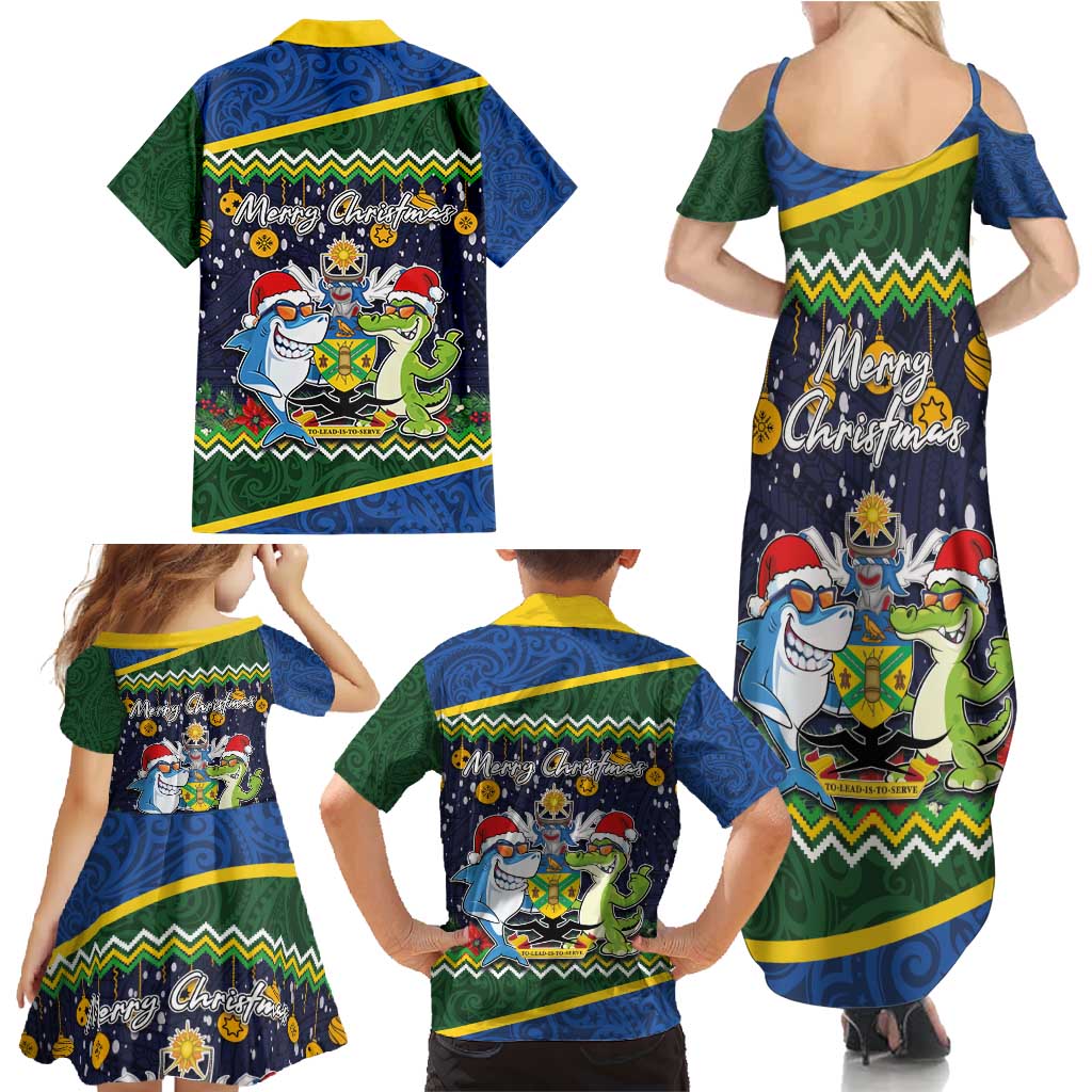 Funny Crocodile and Shark Solomon Islands Christmas Family Matching Summer Maxi Dress and Hawaiian Shirt with National Seal Melanesian Pattern LT03 - Polynesian Pride