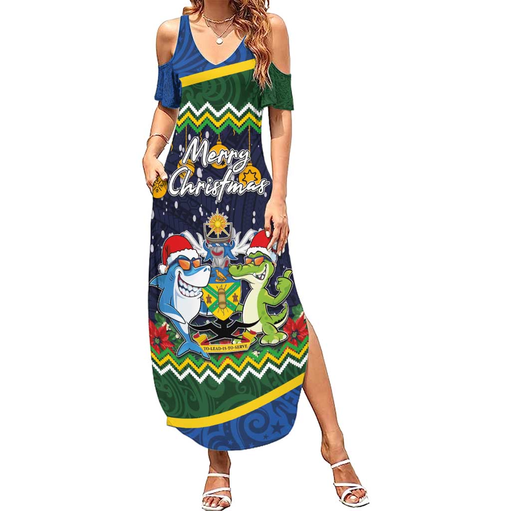 Funny Crocodile and Shark Solomon Islands Christmas Family Matching Summer Maxi Dress and Hawaiian Shirt with National Seal Melanesian Pattern LT03 Mom's Dress Blue - Polynesian Pride