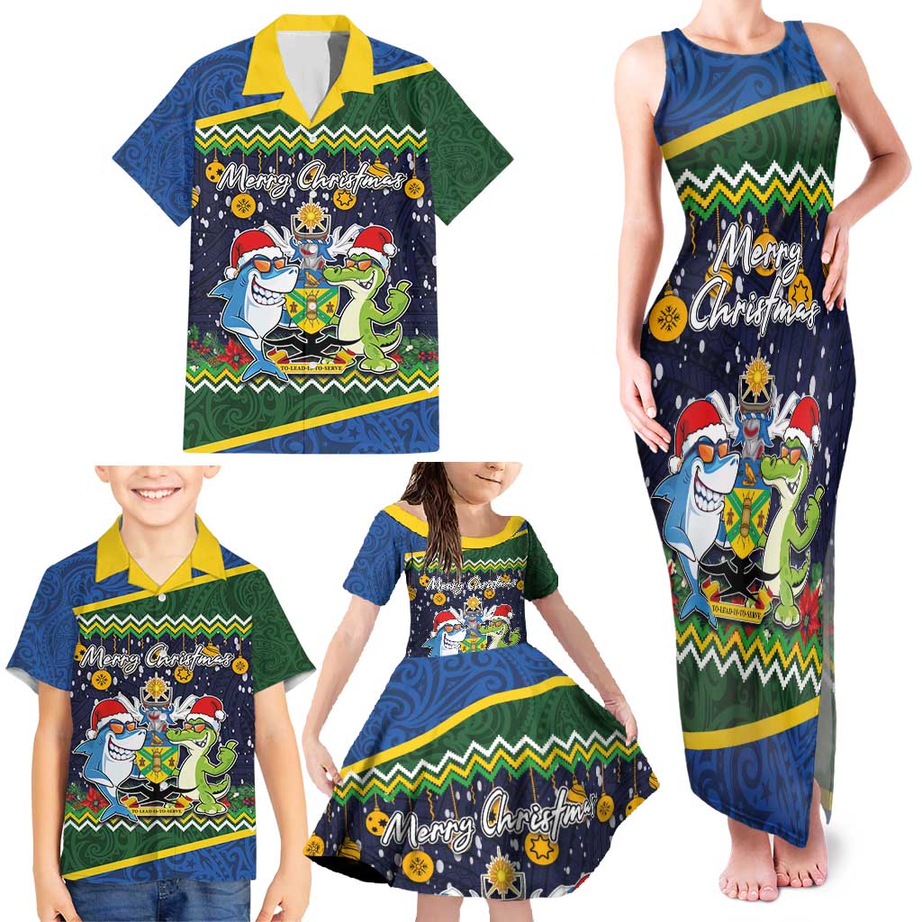 Funny Crocodile and Shark Solomon Islands Christmas Family Matching Tank Maxi Dress and Hawaiian Shirt with National Seal Melanesian Pattern LT03 - Polynesian Pride