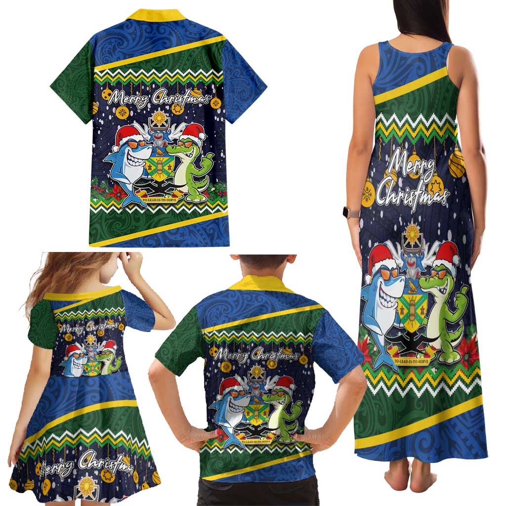Funny Crocodile and Shark Solomon Islands Christmas Family Matching Tank Maxi Dress and Hawaiian Shirt with National Seal Melanesian Pattern LT03 - Polynesian Pride