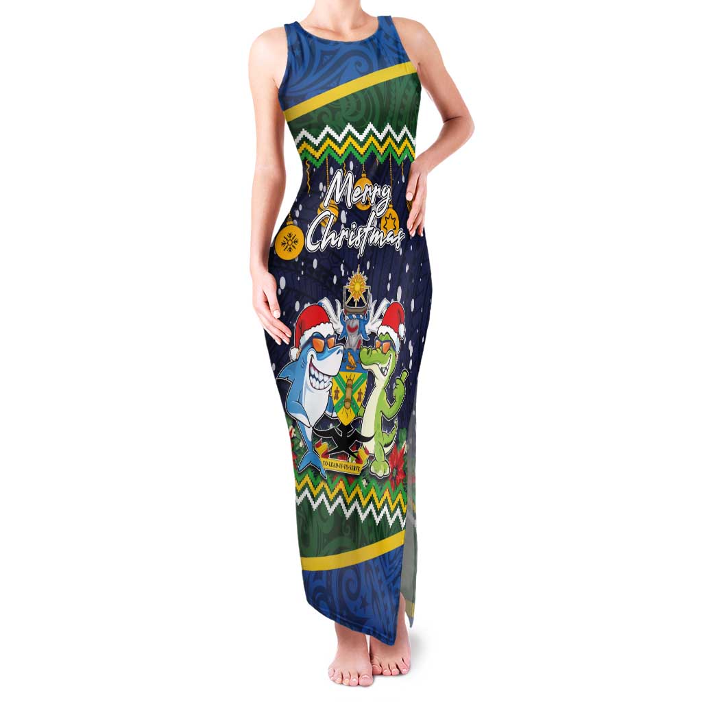 Funny Crocodile and Shark Solomon Islands Christmas Family Matching Tank Maxi Dress and Hawaiian Shirt with National Seal Melanesian Pattern LT03 Mom's Dress Blue - Polynesian Pride