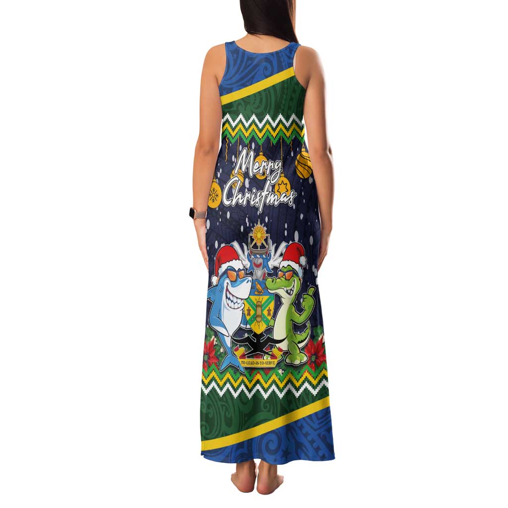 Funny Crocodile and Shark Solomon Islands Christmas Family Matching Tank Maxi Dress and Hawaiian Shirt with National Seal Melanesian Pattern LT03 - Polynesian Pride