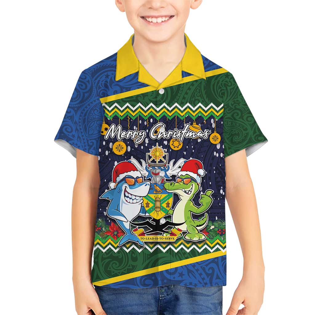 Funny Crocodile and Shark Solomon Islands Christmas Family Matching Tank Maxi Dress and Hawaiian Shirt with National Seal Melanesian Pattern LT03 Son's Shirt Blue - Polynesian Pride