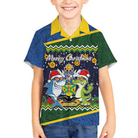 Funny Crocodile and Shark Solomon Islands Christmas Family Matching Tank Maxi Dress and Hawaiian Shirt with National Seal Melanesian Pattern LT03 Son's Shirt Blue - Polynesian Pride