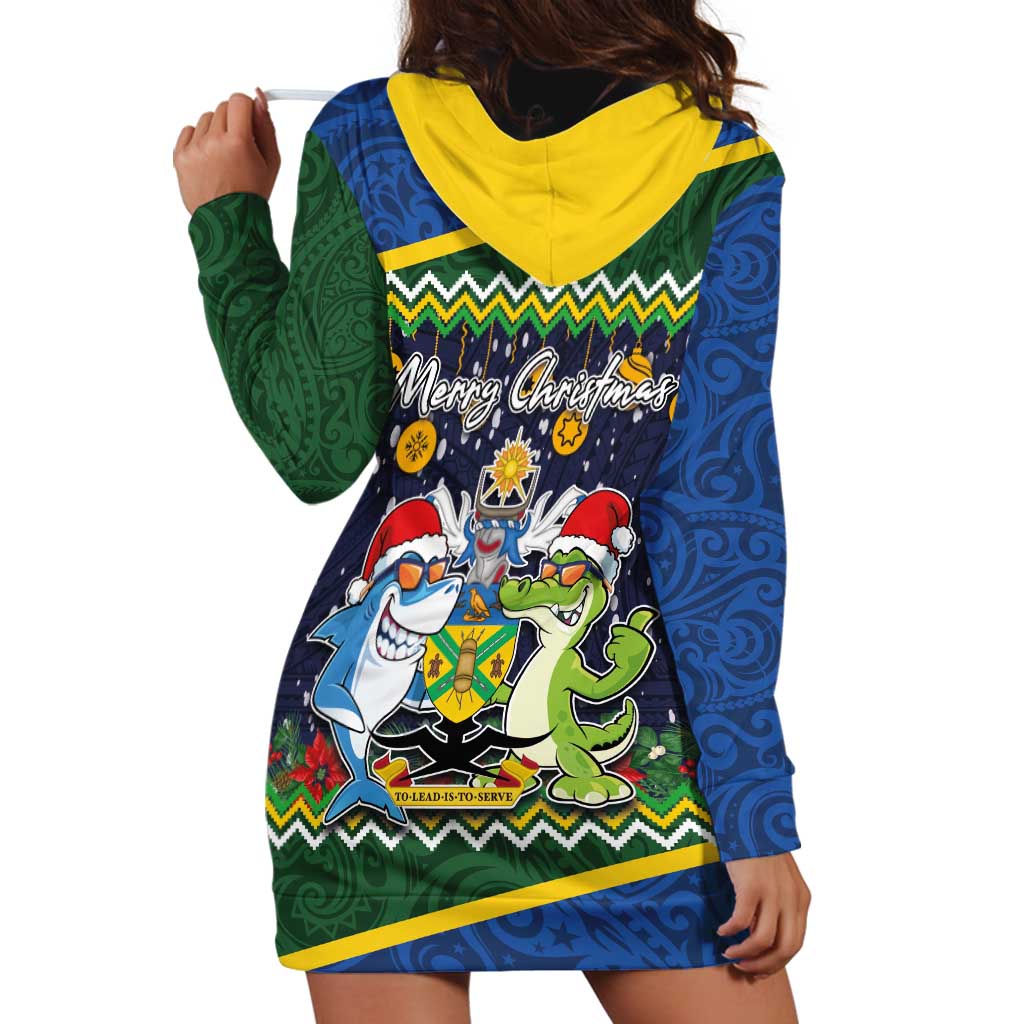 Funny Crocodile and Shark Solomon Islands Christmas Hoodie Dress with National Seal Melanesian Pattern LT03 - Polynesian Pride