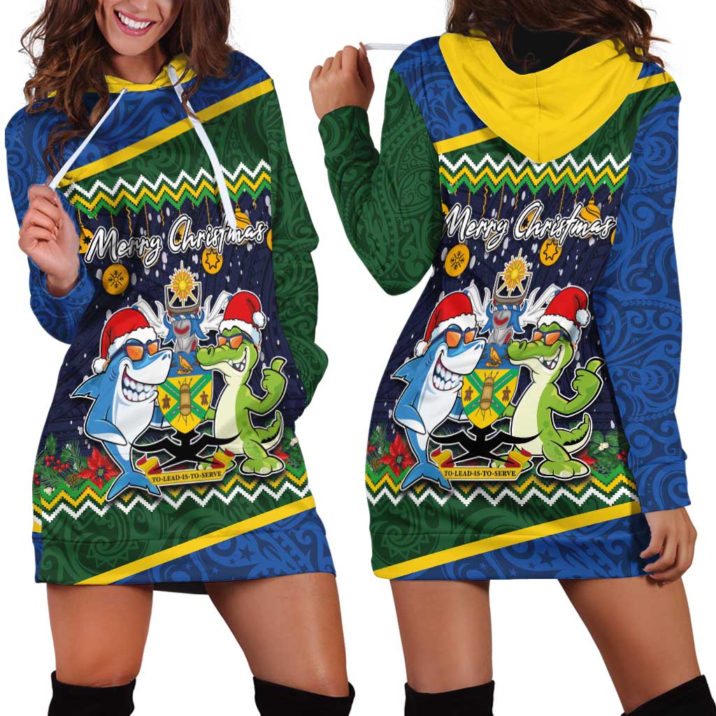 Funny Crocodile and Shark Solomon Islands Christmas Hoodie Dress with National Seal Melanesian Pattern LT03 - Polynesian Pride
