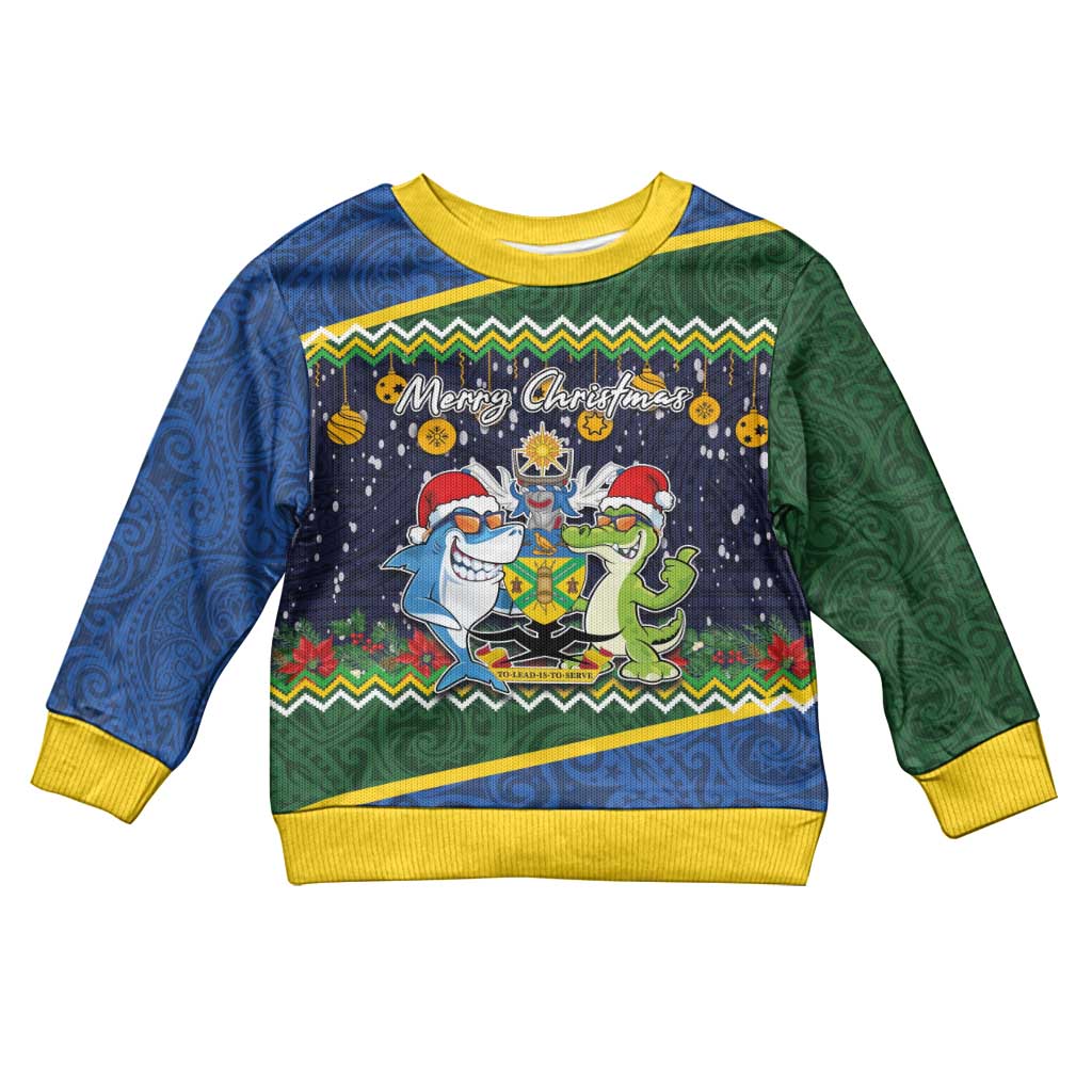 Solomon Islands Christmas Kid Ugly Christmas Sweater Funny Xmas Crocodile and Shark with National Seal Melanesian Pattern LT03 Kid Blue - Polynesian Pride