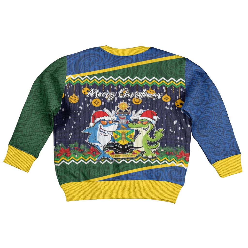 Solomon Islands Christmas Kid Ugly Christmas Sweater Funny Xmas Crocodile and Shark with National Seal Melanesian Pattern LT03 - Polynesian Pride