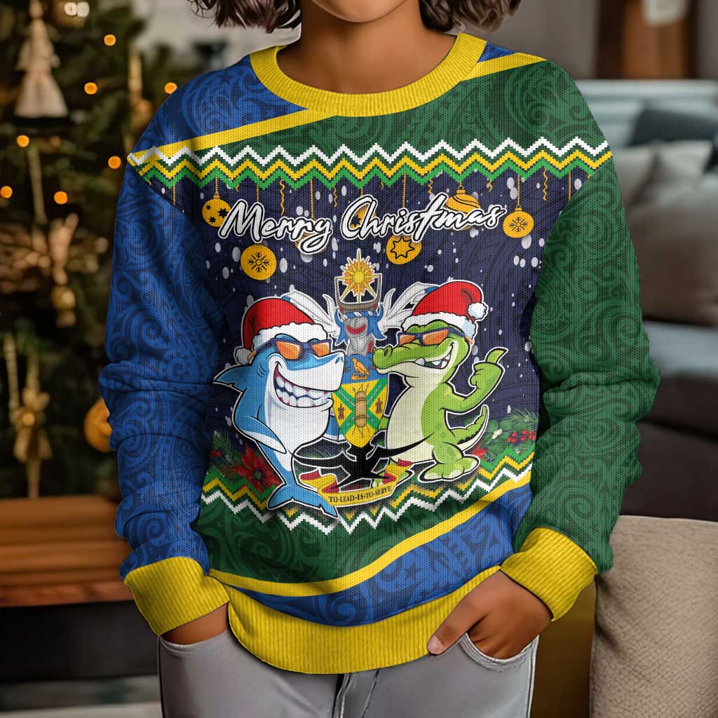 Solomon Islands Christmas Kid Ugly Christmas Sweater Funny Xmas Crocodile and Shark with National Seal Melanesian Pattern LT03 - Polynesian Pride