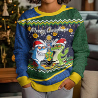 Solomon Islands Christmas Kid Ugly Christmas Sweater Funny Xmas Crocodile and Shark with National Seal Melanesian Pattern LT03 - Polynesian Pride