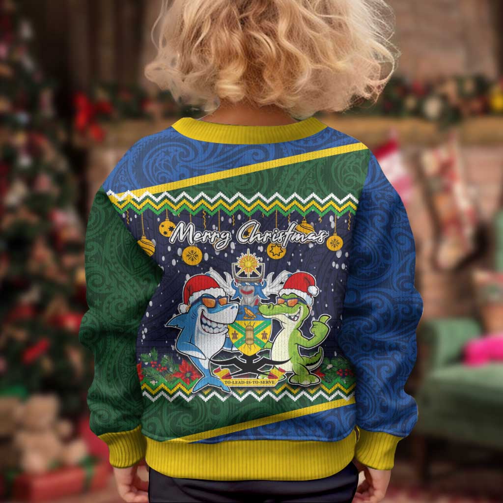 Solomon Islands Christmas Kid Ugly Christmas Sweater Funny Xmas Crocodile and Shark with National Seal Melanesian Pattern LT03 - Polynesian Pride