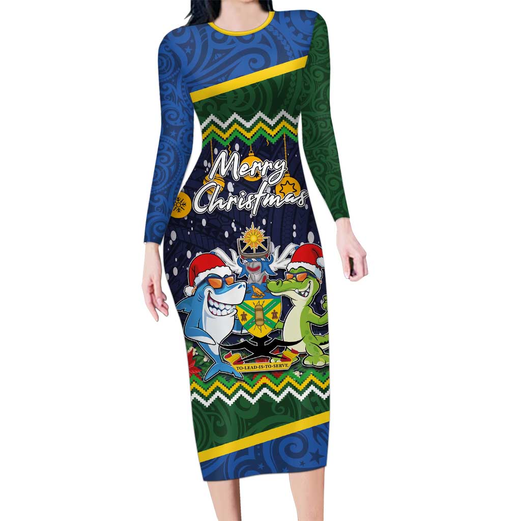 Funny Crocodile and Shark Solomon Islands Christmas Long Sleeve Bodycon Dress with National Seal Melanesian Pattern LT03 Long Dress Blue - Polynesian Pride