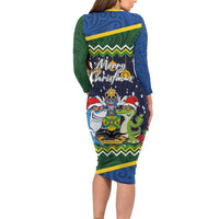 Funny Crocodile and Shark Solomon Islands Christmas Long Sleeve Bodycon Dress with National Seal Melanesian Pattern LT03 - Polynesian Pride