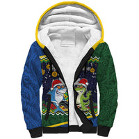 Funny Crocodile and Shark Solomon Islands Christmas Sherpa Hoodie with National Seal Melanesian Pattern LT03 Unisex Blue - Polynesian Pride