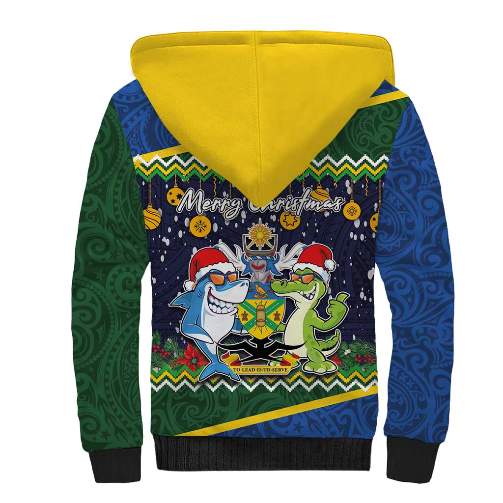 Funny Crocodile and Shark Solomon Islands Christmas Sherpa Hoodie with National Seal Melanesian Pattern LT03 - Polynesian Pride