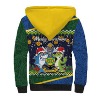 Funny Crocodile and Shark Solomon Islands Christmas Sherpa Hoodie with National Seal Melanesian Pattern LT03 - Polynesian Pride