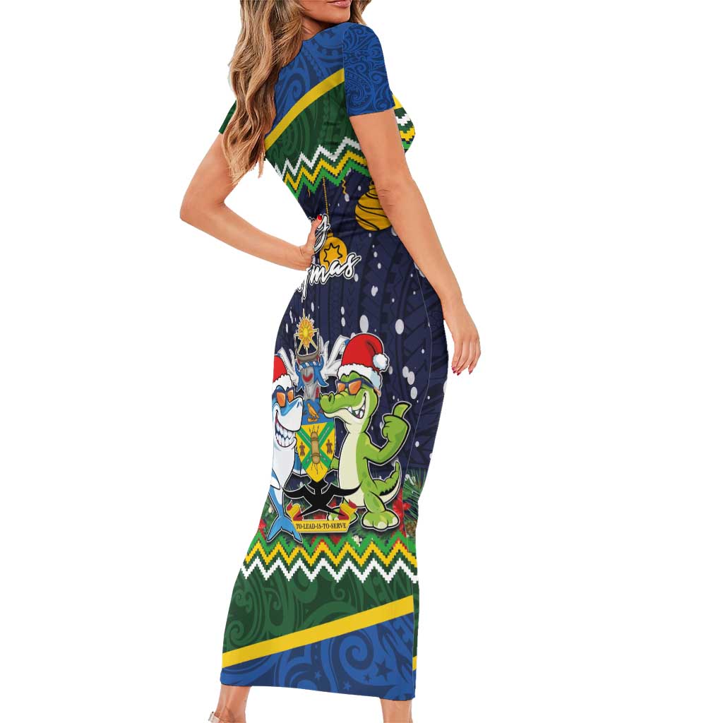Funny Crocodile and Shark Solomon Islands Christmas Short Sleeve Bodycon Dress with National Seal Melanesian Pattern LT03 - Polynesian Pride