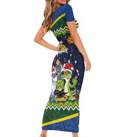 Funny Crocodile and Shark Solomon Islands Christmas Short Sleeve Bodycon Dress with National Seal Melanesian Pattern LT03 - Polynesian Pride