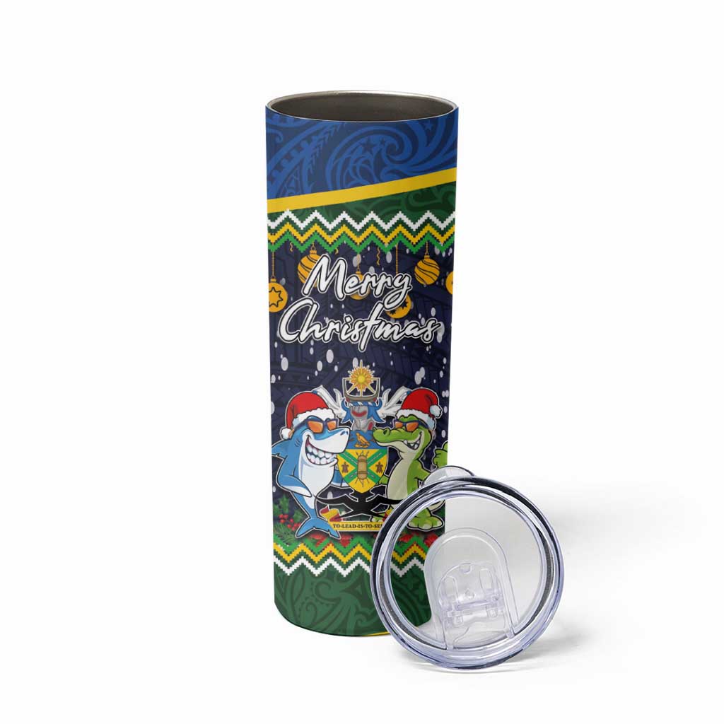 Funny Crocodile and Shark Solomon Islands Christmas Skinny Tumbler with National Seal Melanesian Pattern LT03 - Polynesian Pride